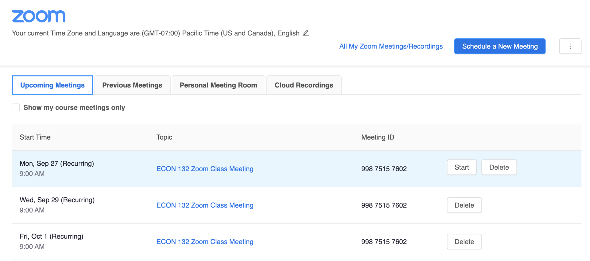 This is a screenshot where you can access upcoming Zoom meetings on Canvas. The Upcoming Meetings tab is highlighted in blue, and below, text reading the dates and times of all upcoming meetings is displayed.