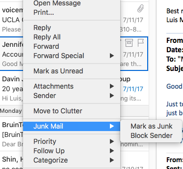 Options menu with Junk Mail Highlighted