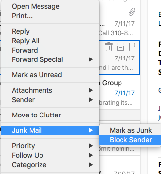Options menu with Junk Mail selected and Block Sender Highlighted