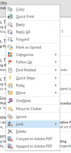 Email options menu with Junk highlighted