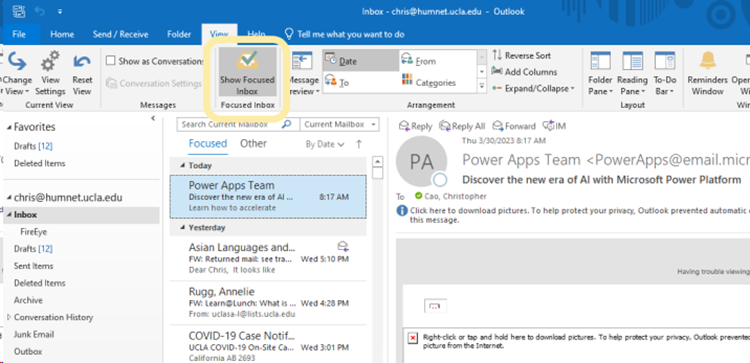 Outlook window with Show Focused Inbox highlighted
