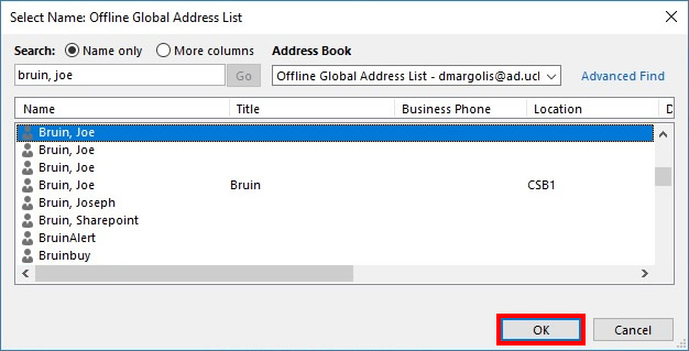 Offline Global Address List window with OK highlighted