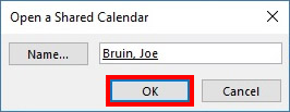 Open a Shared Calendar window with OK highlighted