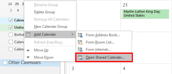 Add calendar selected with Open Shared Calendar highlighted