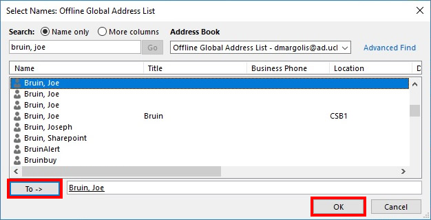Global address book with To and OK highlighted