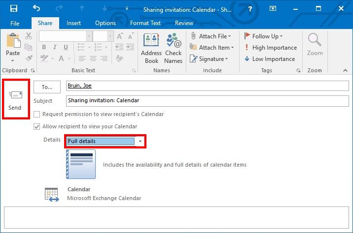 Outlook Calendar Appointment window with send and full details highlighted