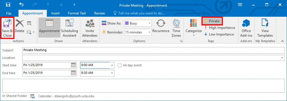 Outlook Calendar Appointment window with Private, Save and Close highlighted